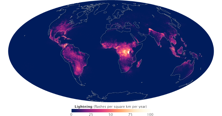 Een wereldkaart waarin te zien is waar er gemiddeld de meeste bliksem voorkomt