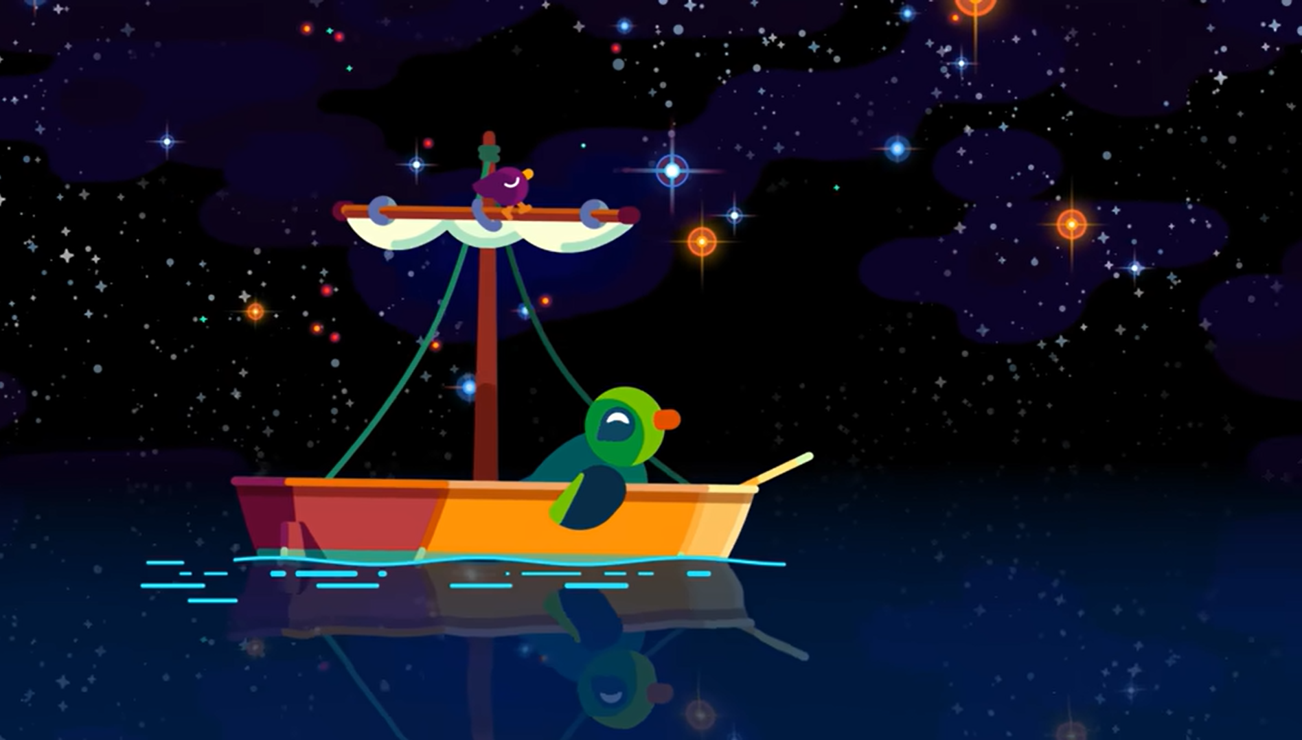 Een cartoon-afbeelding van een schip wat op stil water drijft. De lucht is gevuld met gekleurde lichtpunten (sterren en sterrenstelsels).